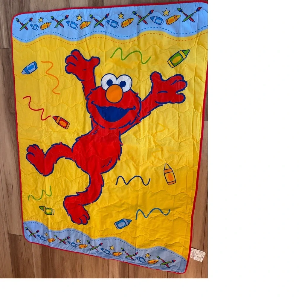 Sesame Street Elmo Toddler Comforter Blanket Yellow Crayon Art 42x58 Quilted